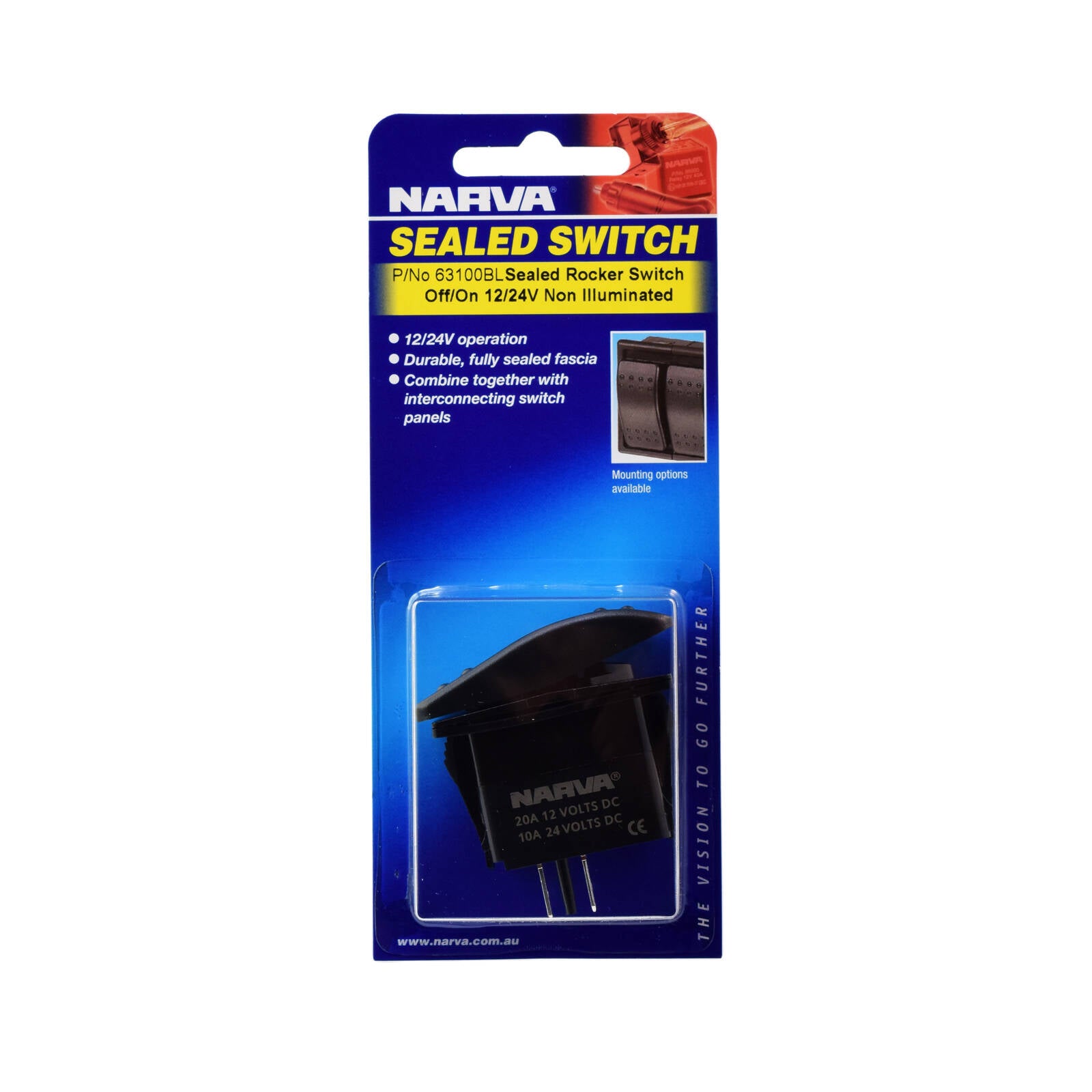 Narva 12/24V 20/10A SPST On/Off Sealed Rocker Switch 63100BL