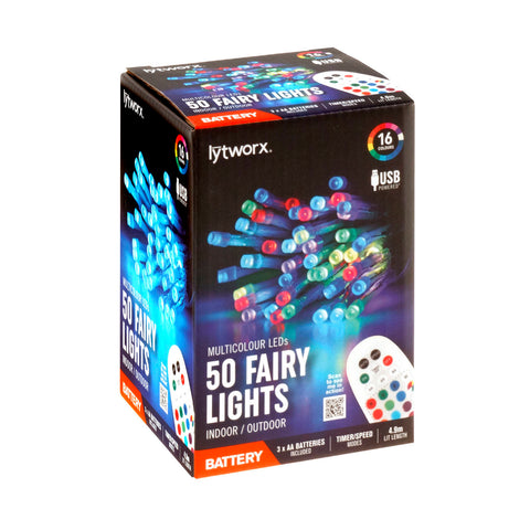 Lytworx Multicolour Battery/USB Fairy Lights, 4.9m, 50 LED, Indoor/Outdoor - 50 Pack