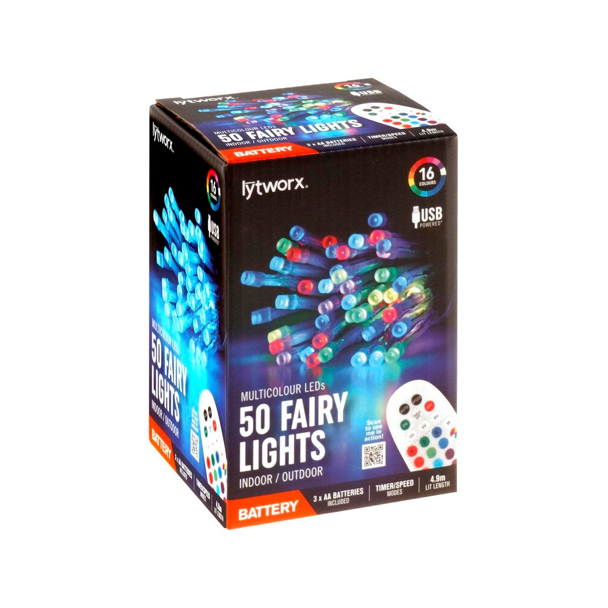Lytworx Multicolour Battery/USB Fairy Lights, 4.9m, 50 LED, Indoor/Outdoor - 50 Pack