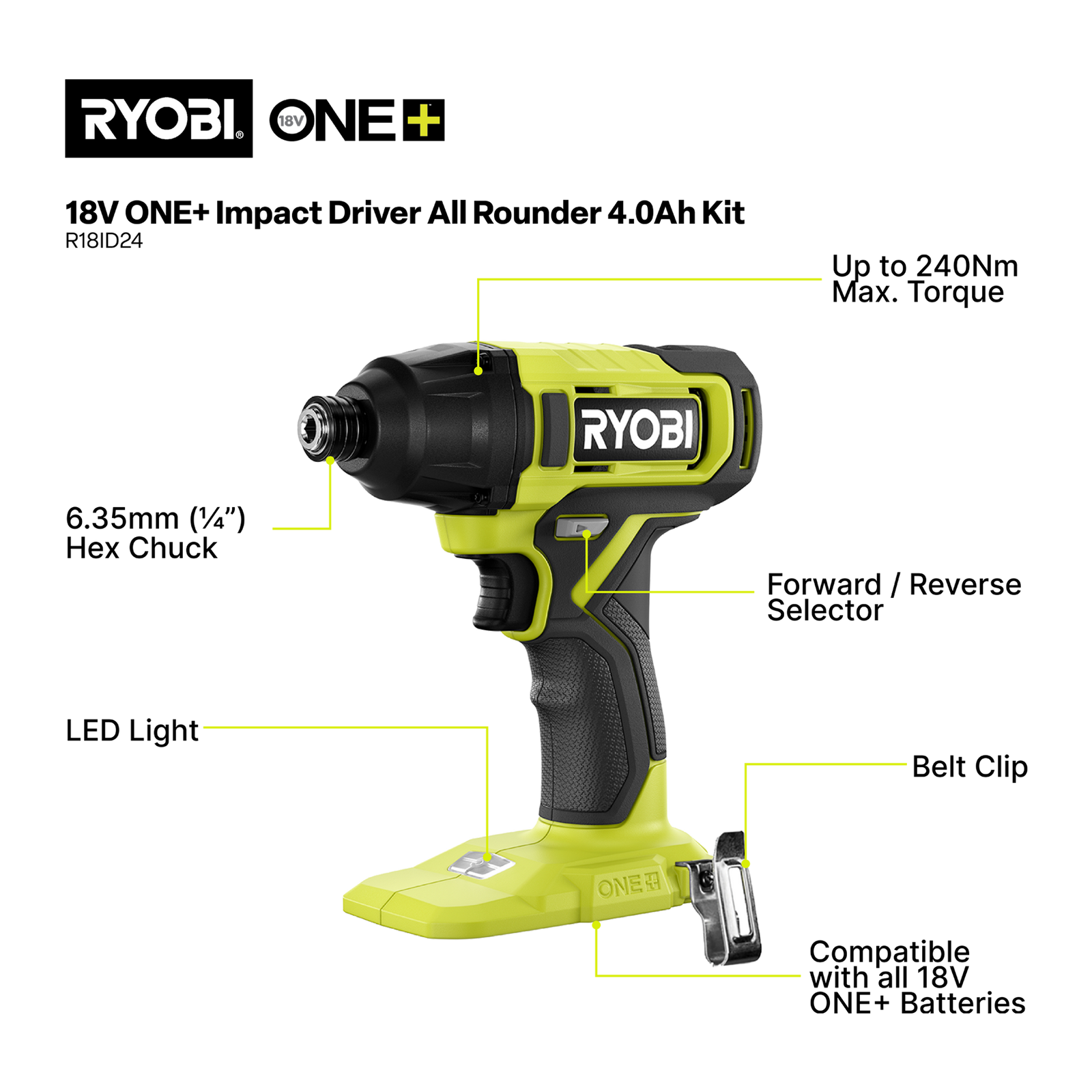 Ryobi 18V ONE+ Impact Driver All Rounder Kit R18ID24 - 4.0Ah Battery & Charger