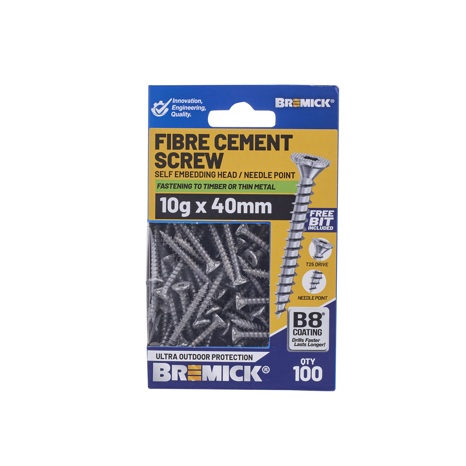 Bremick 10g x 40mm Fibre Cement Screw, Carbon Steel B8 Coating, T25 Drive Self Embedding Head Needle Point - 100 Pack