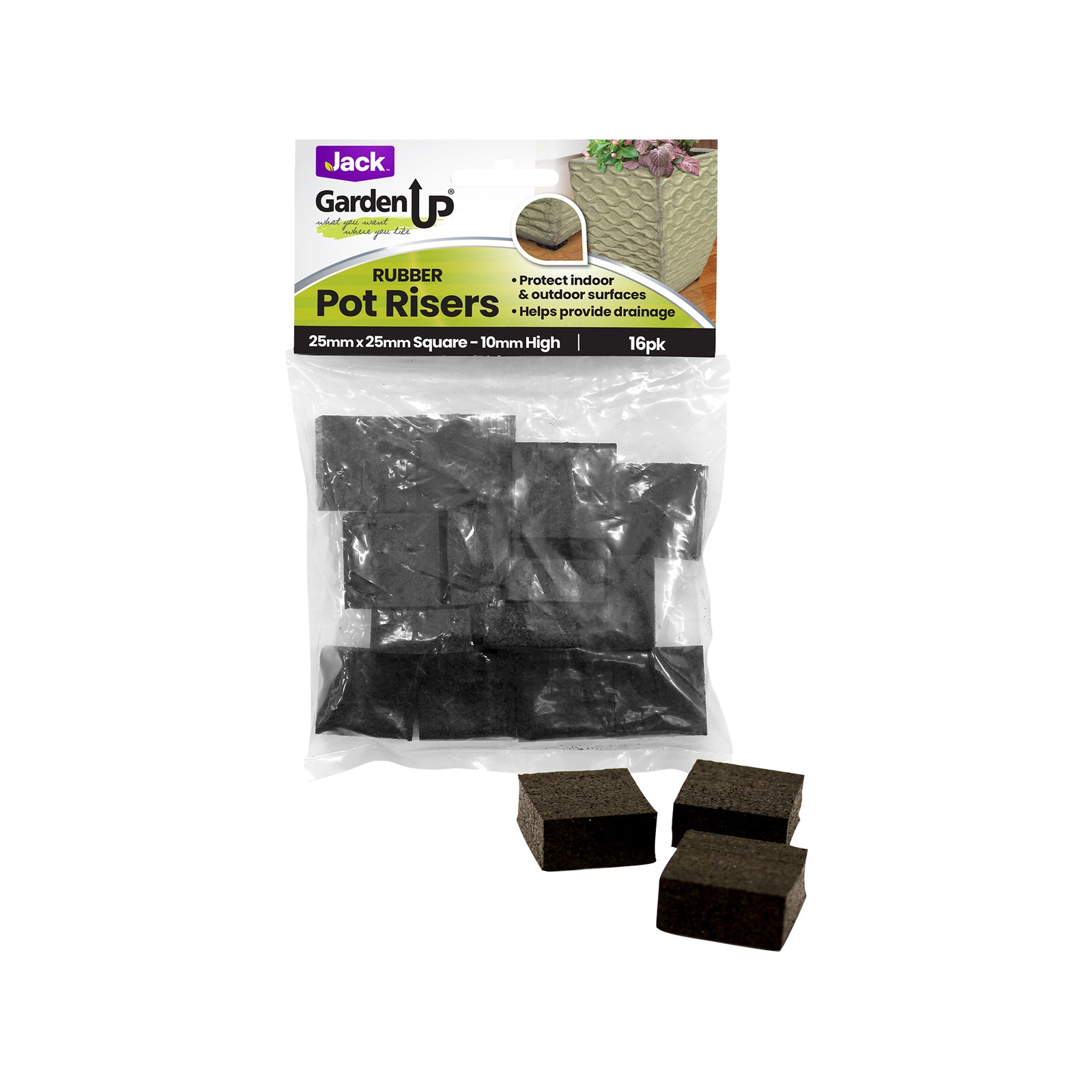 Jack 25mm Square Rubber Pot Risers - 16 Pack for Drainage & Surface Protection