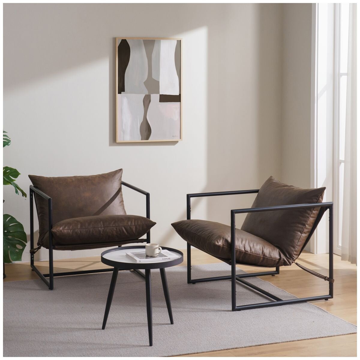 Zinus Sling Accent Chair - Cognac Tan Brown, Water-Repellent Upholstery, Metal Frame - AU-USHSL3ZC-31C