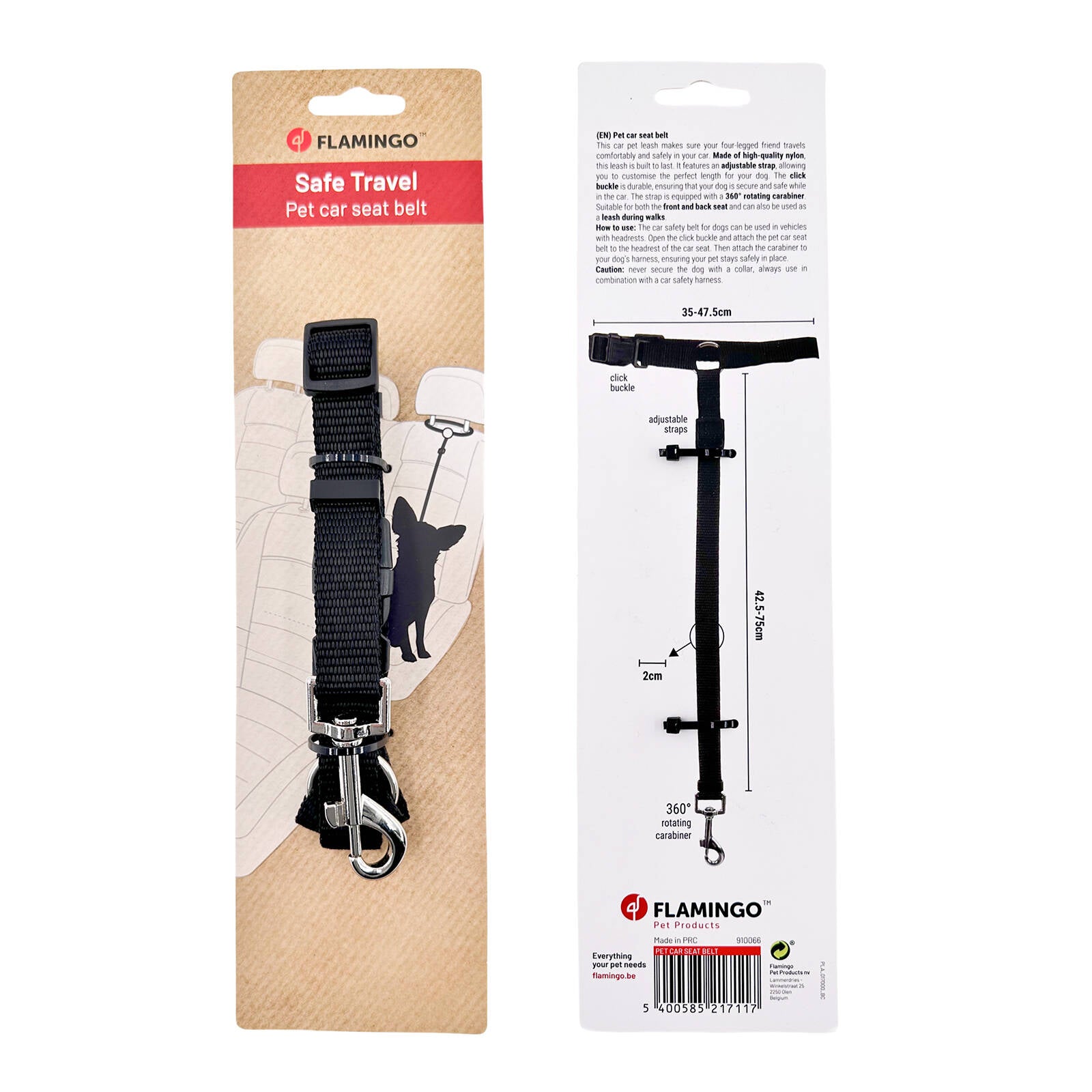 Flamingo Black Car Pet Traction Rope, Adjustable Nylon Dog Restraint