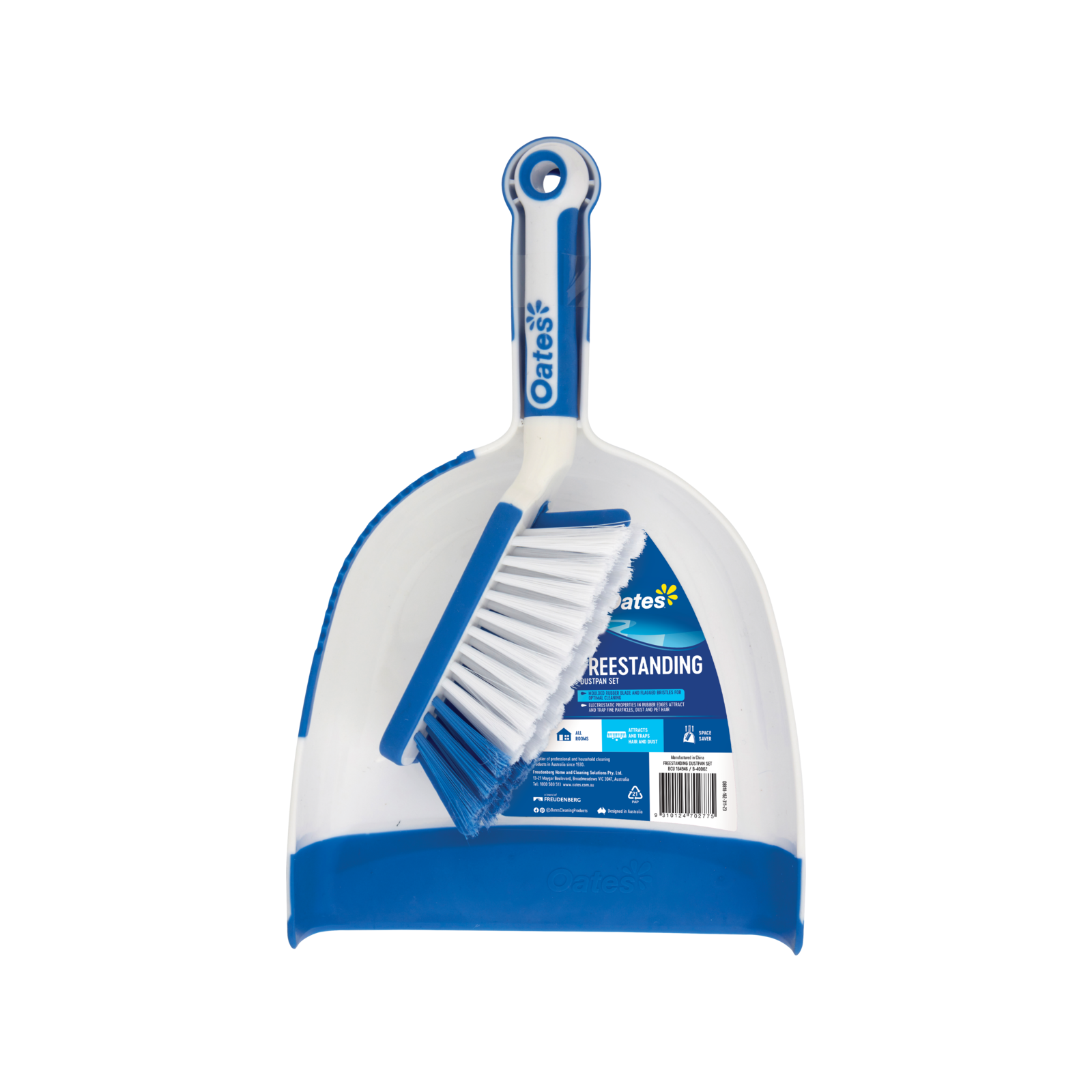 Oates Space Saver Freestanding Dustpan & Brush Set, 368mm, White & Blue