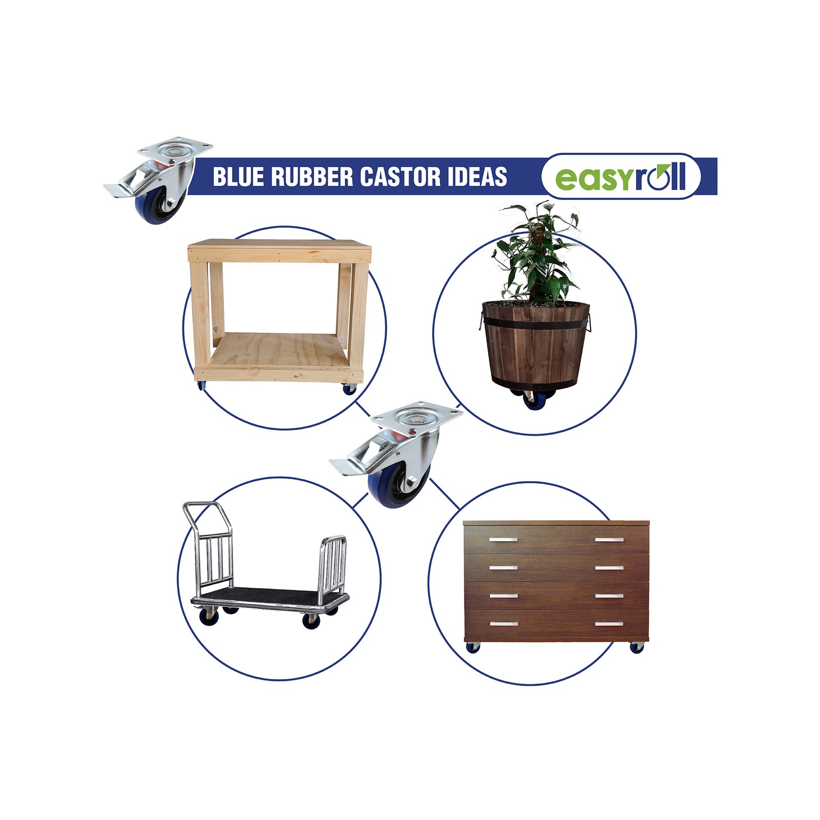 Easyroll 100mm Blue Rubber Fixed Castor 150kg Load Indoor Outdoor