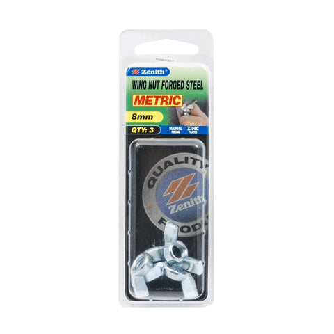 Zenith M8 Zinc Plated Steel Forged Wing Nuts - 3 Pack