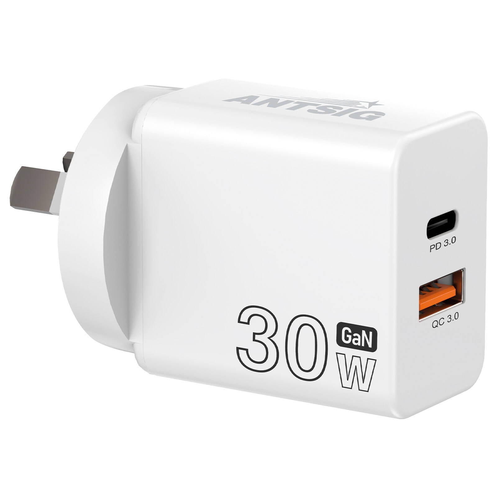 Antsig 30W 2-Port USB GaN Wall Charger - USB-C PD + USB-A QC 3.0 APWC30WAC
