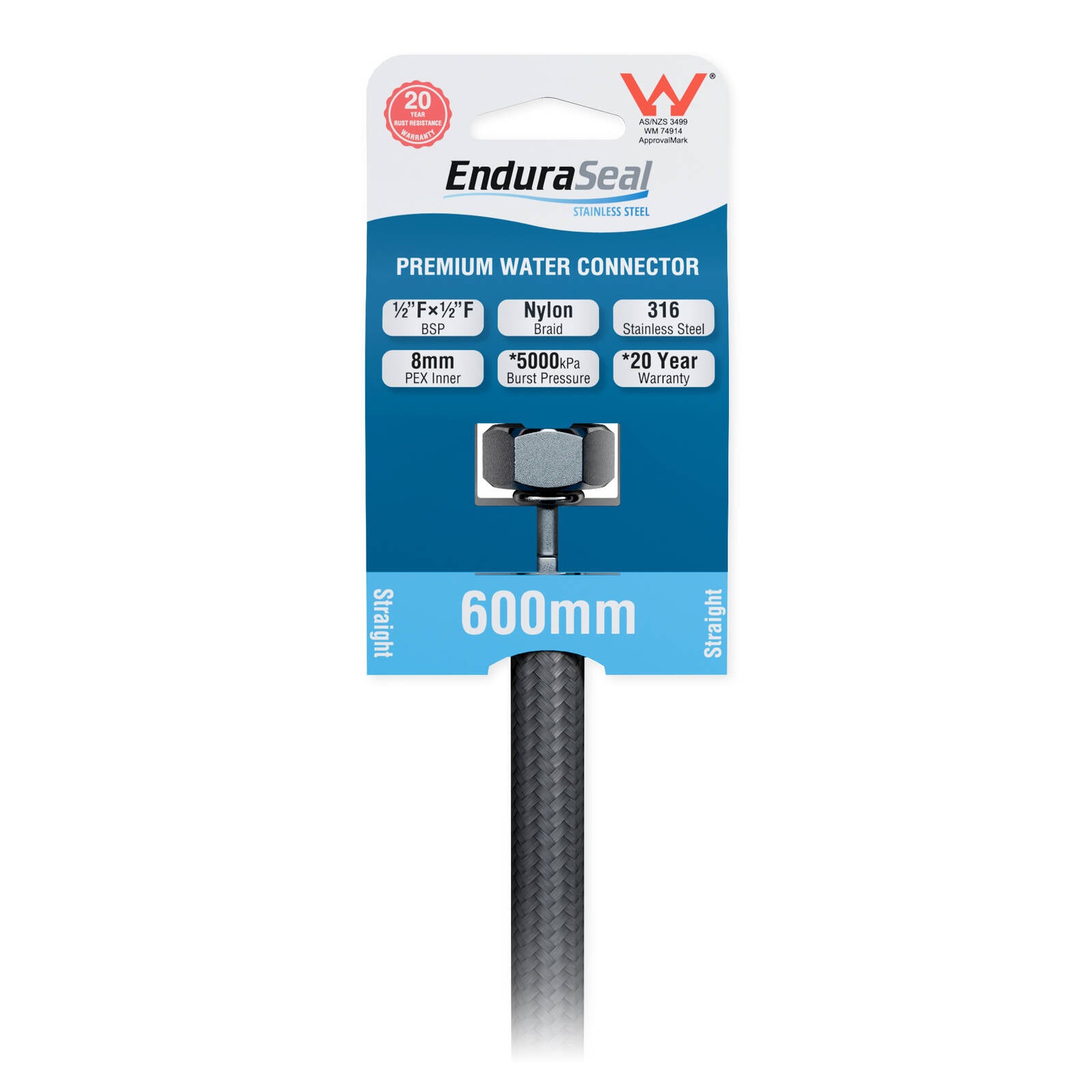 EnduraSeal 600mm Silver Flexible Braided Water Connector 500kPa