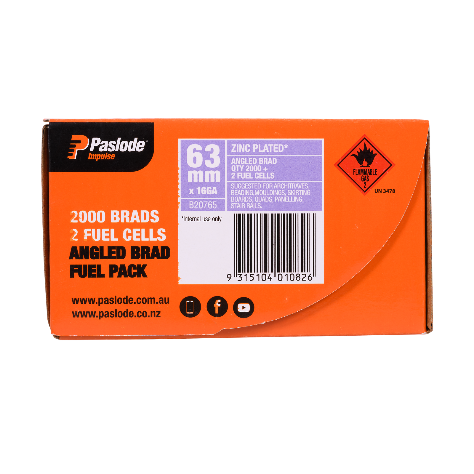 Paslode 63 x 1.6mm 20° Impulse Angled Brads with Fuel - Zinc Plated, 16 Gauge, 2000 Pack