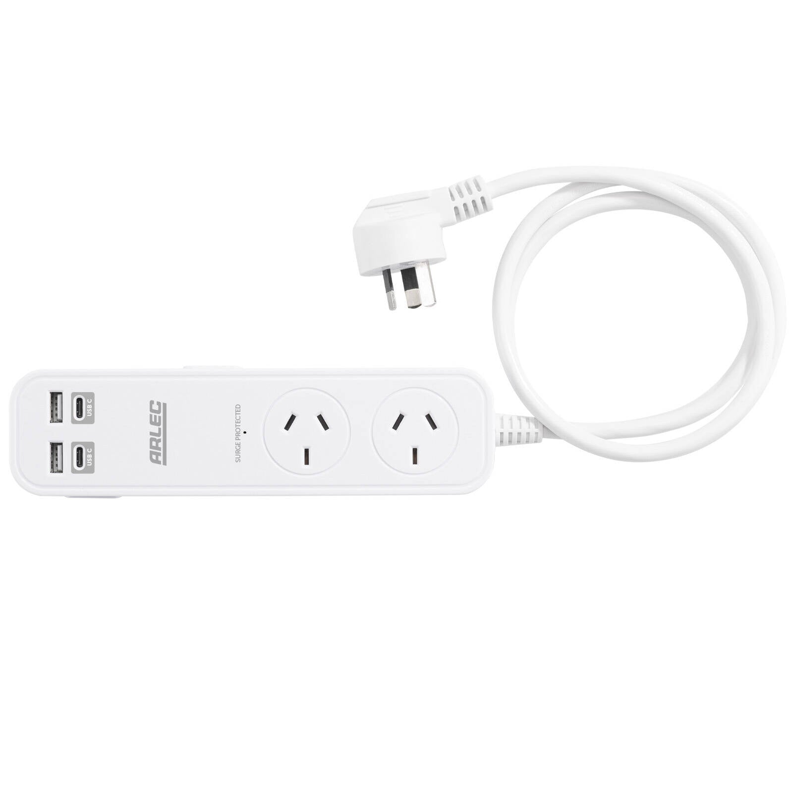 Arlec 2 Outlet Portable Powerboard with PD30W Rapid Charging 2x USB-A & 2x USB-C White PBHB2AC-30W