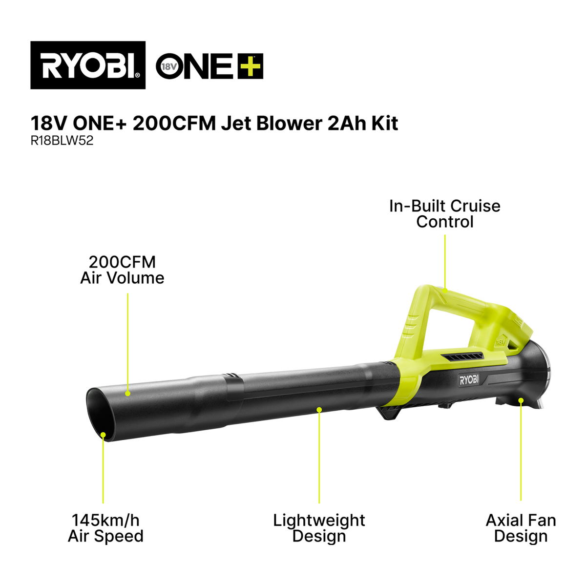 Ryobi 18V ONE+ 200CFM Jet Blower 2Ah Kit R18BLW52