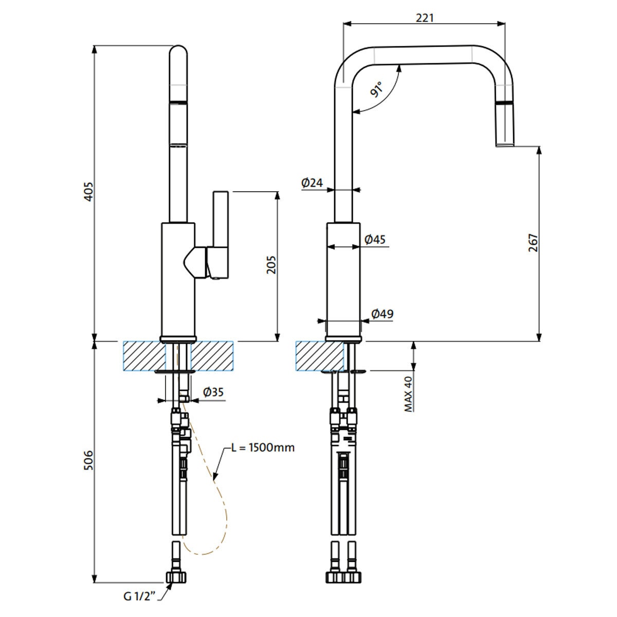 Armando Vicario Luz Pull Out Kitchen Mixer Tap - Chrome with Black Lever, 360 Degree Swivel - LUZ-LF