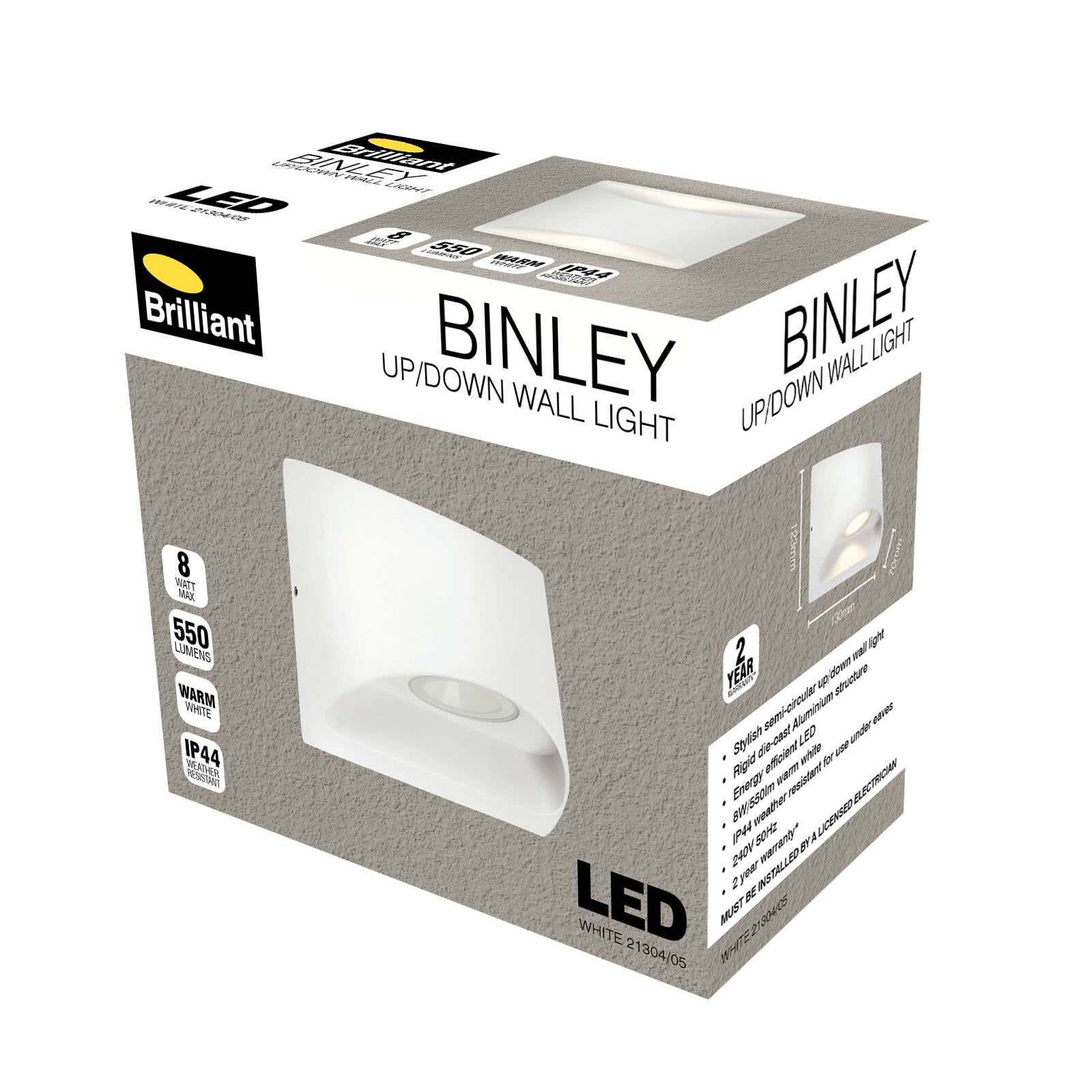 Brilliant 8W Binley White Aluminium Up Down Wall Light IP44 21304/05
