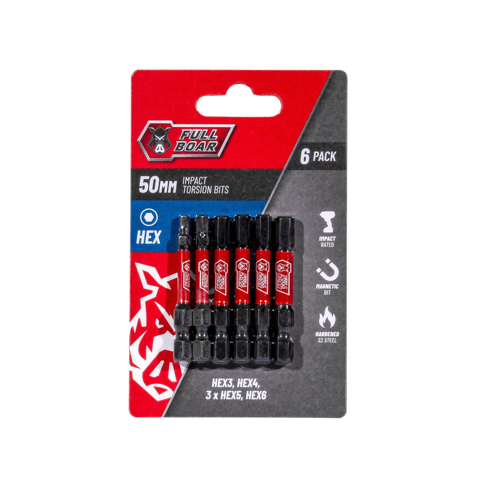Full Boar HEX x 50mm Impact Torsion Bit Set 6 Pack FHXSET-506