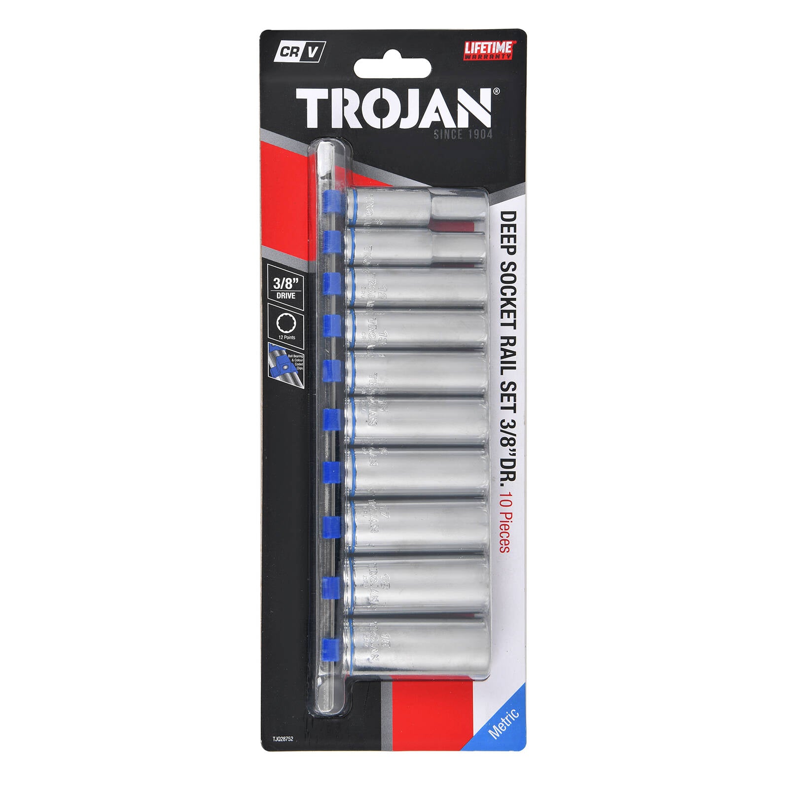 Trojan 10 Piece Deep Socket Rail Set 3/8" Drive 8-19mm Chrome Vanadium 12 Point