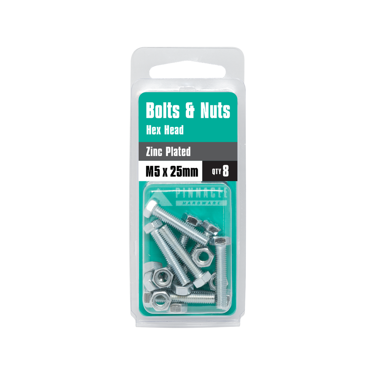 Pinnacle M5 x 25mm Zinc Plated Hex Head Bolts And Nuts - 8 Pack