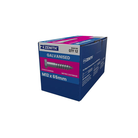 Zenith Hot Dip Galvanised Hex Head Coach Screws M12 x 65mm 12 Pack - SuperSaverAU - view 1