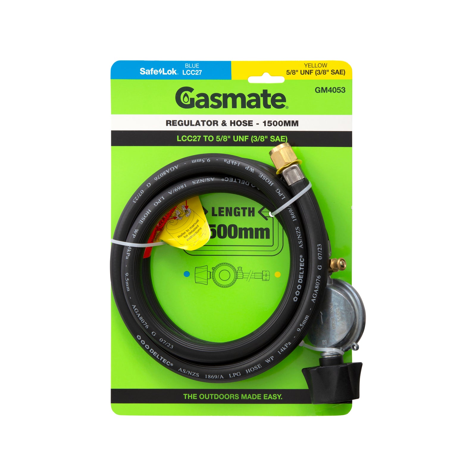 Gasmate Regulator & Hose 1500mm LCC27 to 5/8" UNF (3/8" SAE)