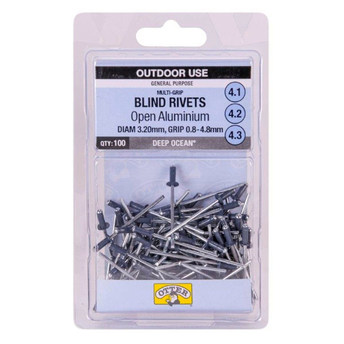 Otter Deep Ocean 3.2 x 0.8-4.8mm Multi-Grip Open Aluminium Blind Rivets 100 Pack