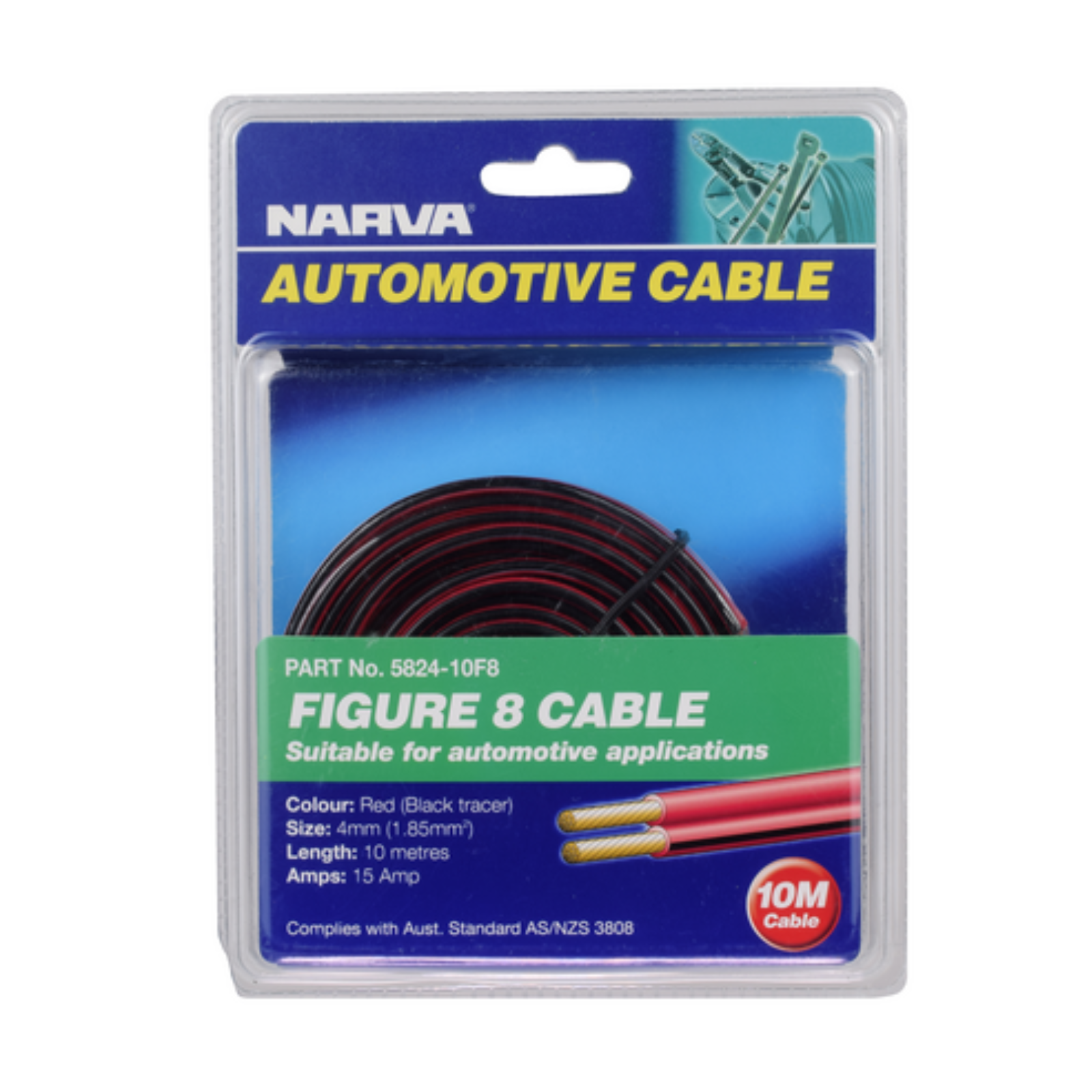 Narva 15A 4mm Twin Core Figure 8 Cable Red with Black Tracer 10m