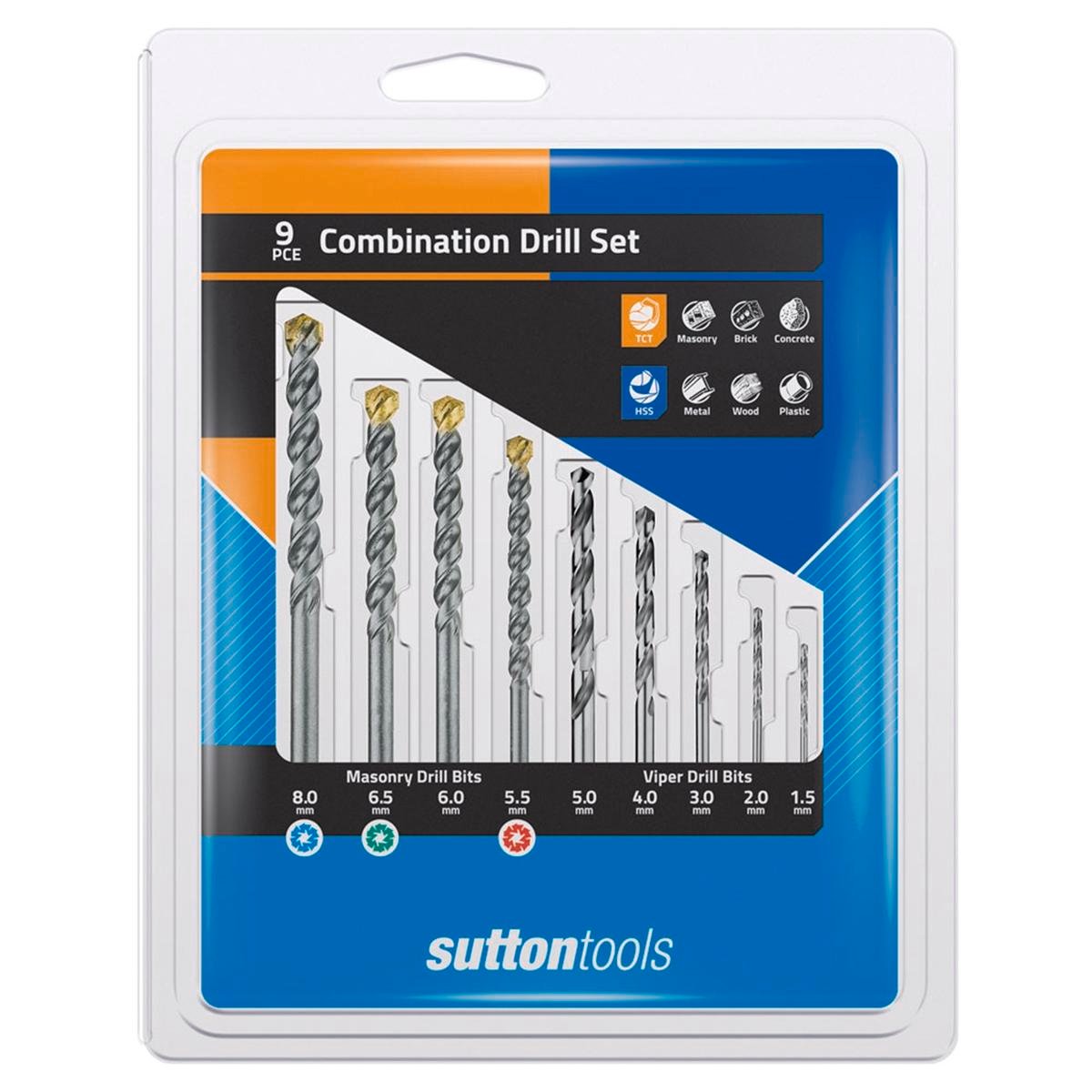 Sutton Tools 9 Piece Combination Drill Bit Set, Masonry, Metal, Wood & Plastic