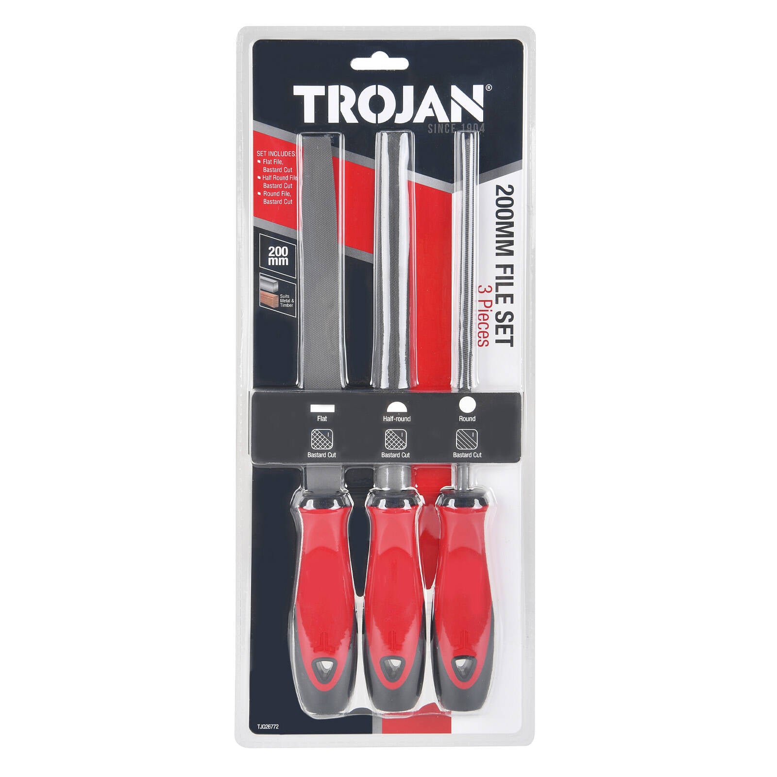 Trojan 3 Piece File Set 200mm Flat, Half Round and Round in Hardened Steel