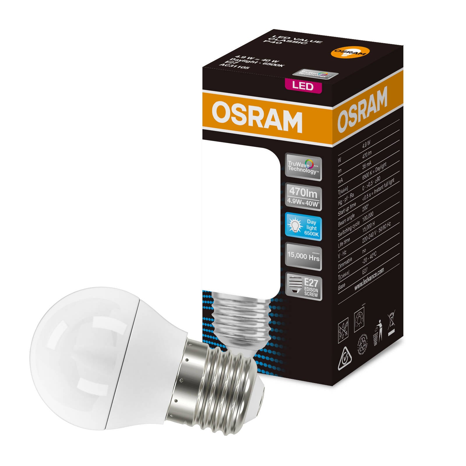 Osram Fancy Round LED Globe E27 470lm 4.9W, Daylight 6500K Frosted