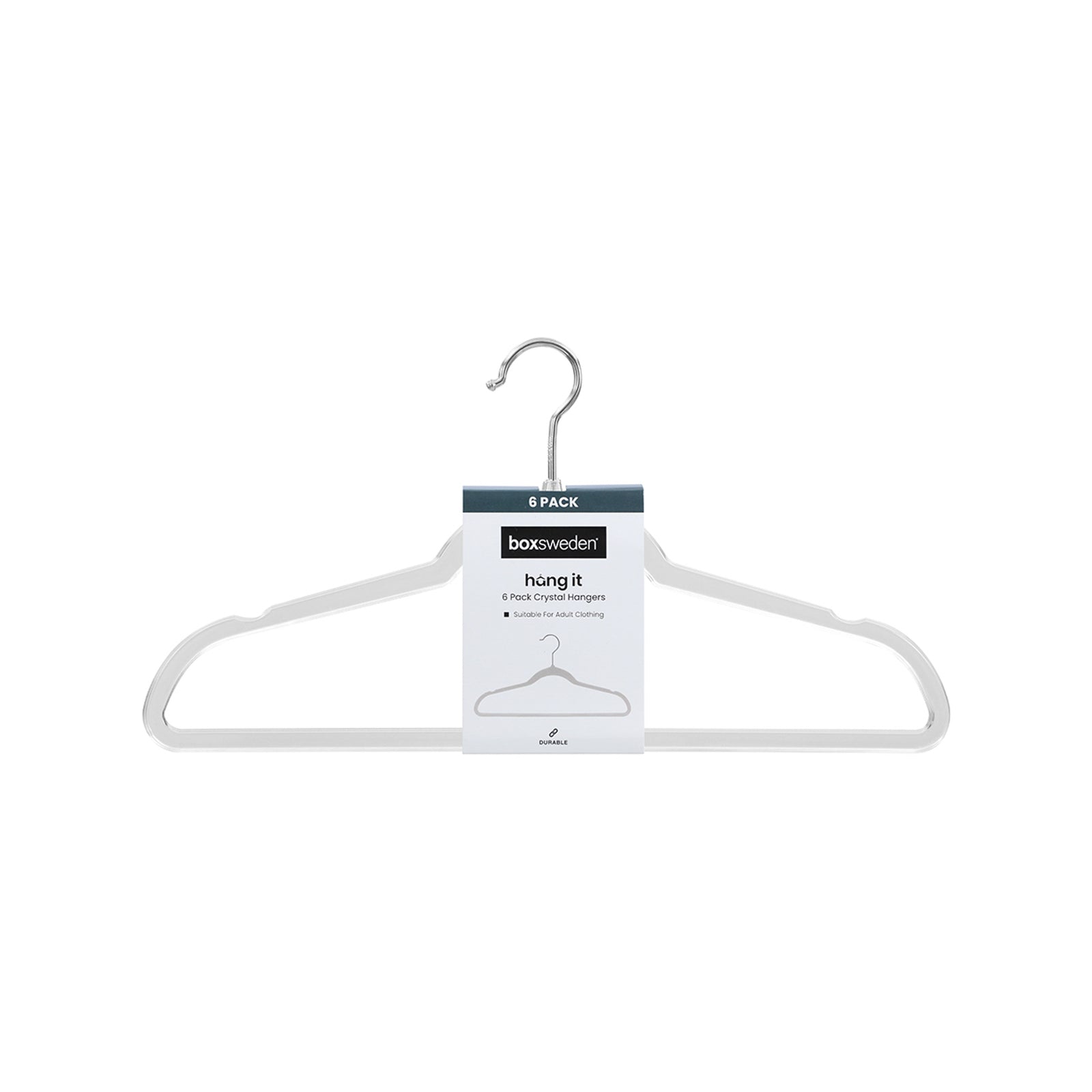 Boxsweden Crystal Space Saving Clothes Hangers 6 Pack - Clear PP Slim 235 x 445mm