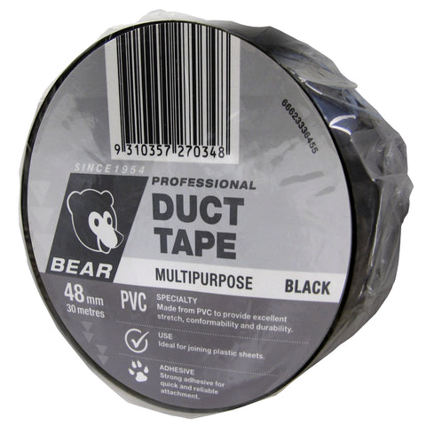 Bear Black PVC Duct Tape 48mm x 30m Indoor Outdoor