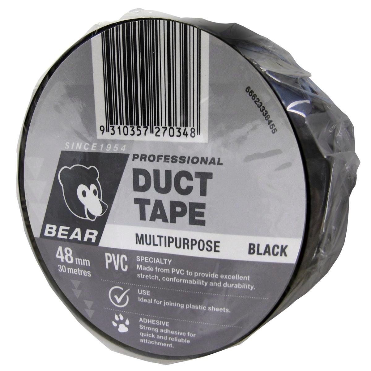 Bear Black PVC Duct Tape 48mm x 30m Indoor Outdoor