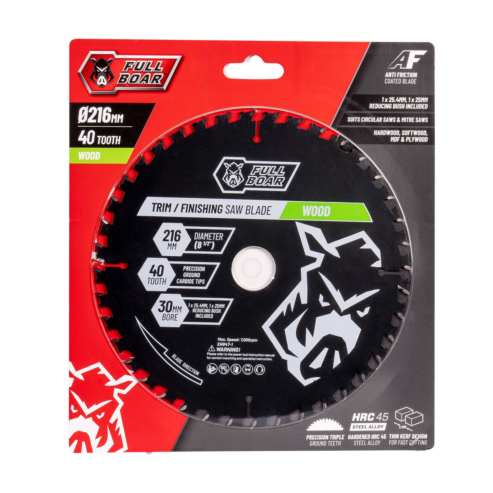 Full Boar 216mm 40T Wood Circular Saw Blade, 30mm Bore (25/25.4mm Bush)