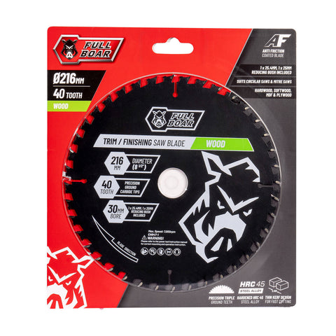 Full Boar 216mm 40T Wood Circular Saw Blade, 30mm Bore (25/25.4mm Bush)