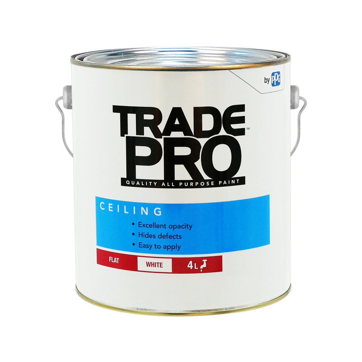 PPG TradePro Interior Ceiling Paint, 4L White Flat, Tintable Water-Based