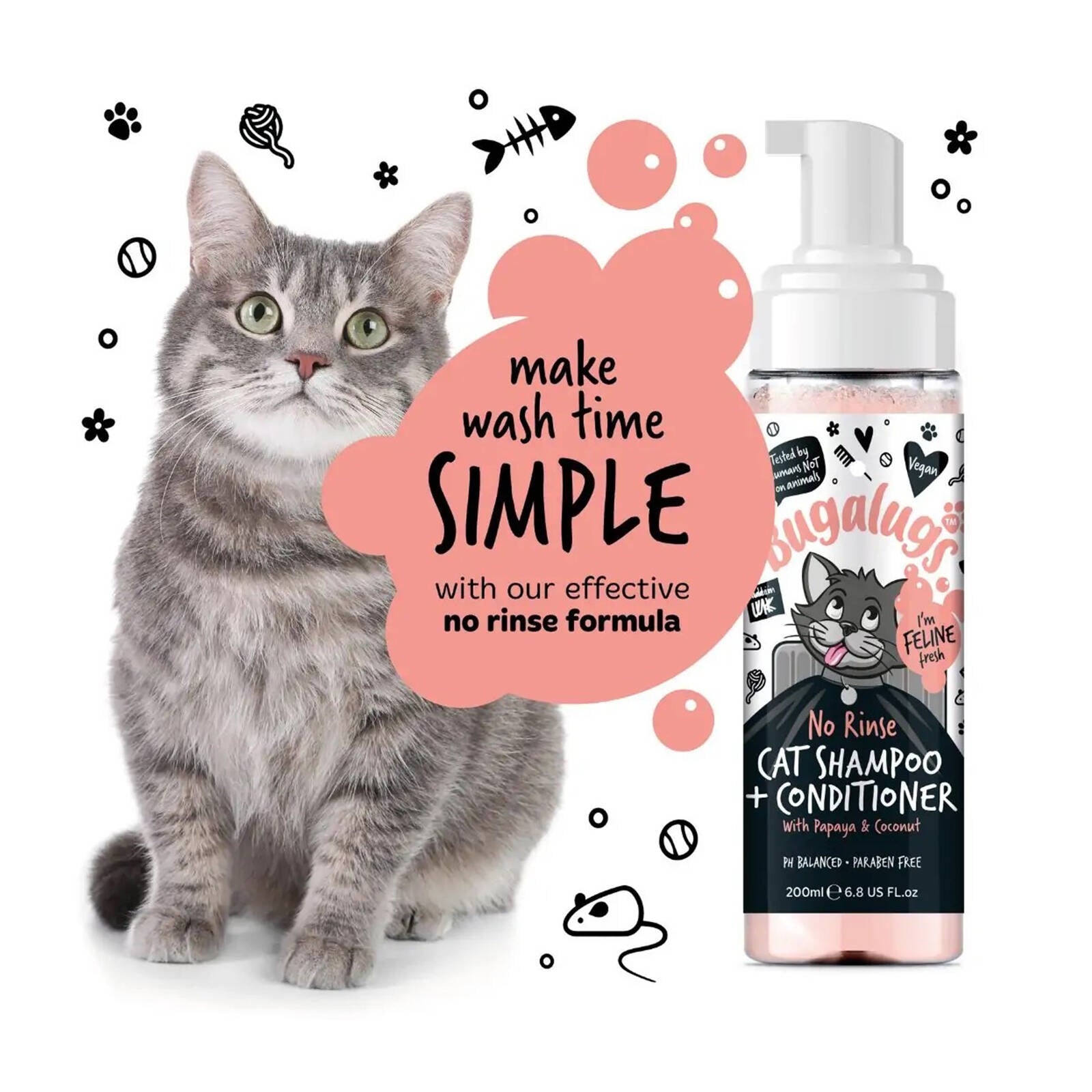 Bugalugs No Rinse Cat Shampoo and Conditioner 200ml, Papaya & Coconut