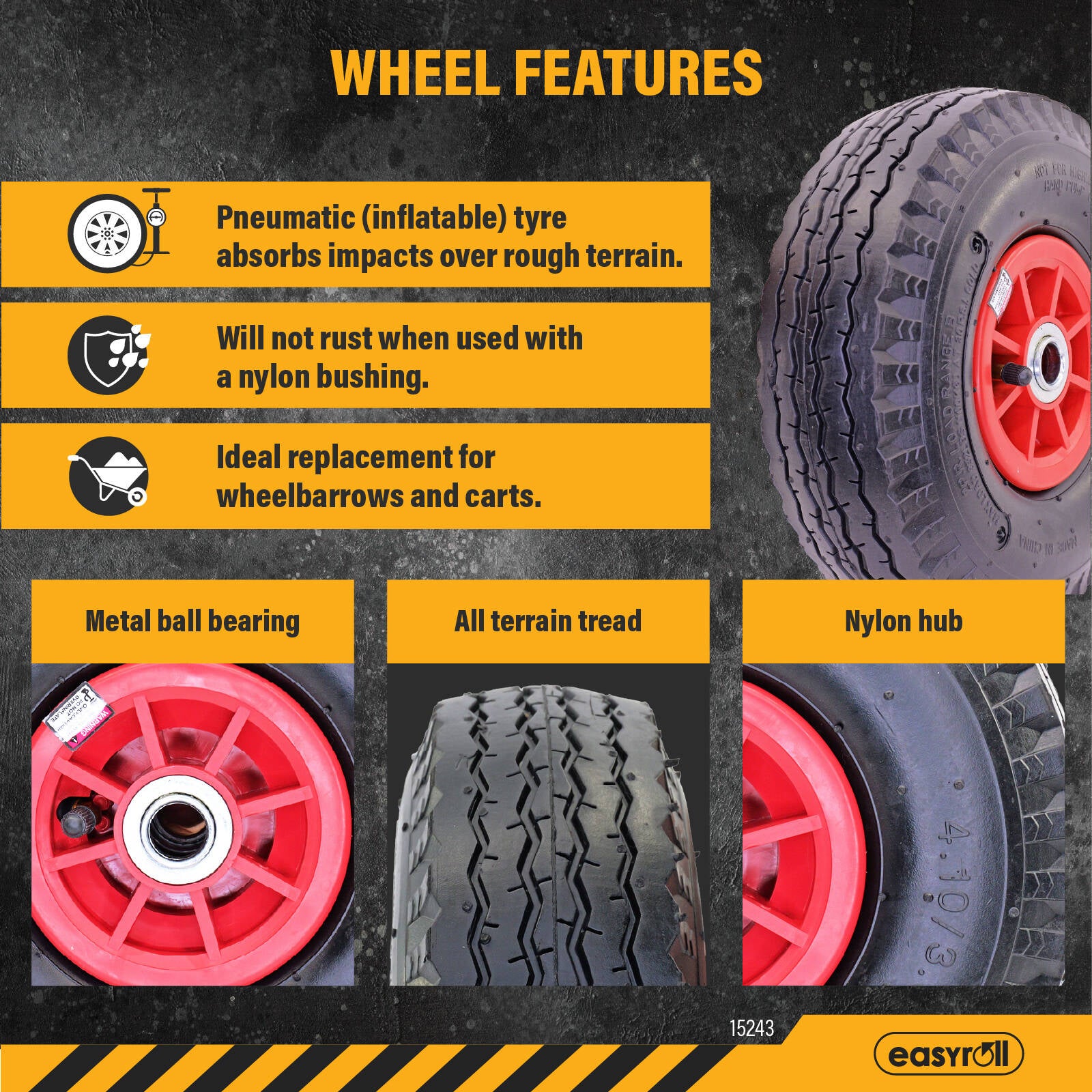 Easyroll 3.5 x 4 inch Pneumatic Rubber Wheel 3/4 inch Axle 120kg