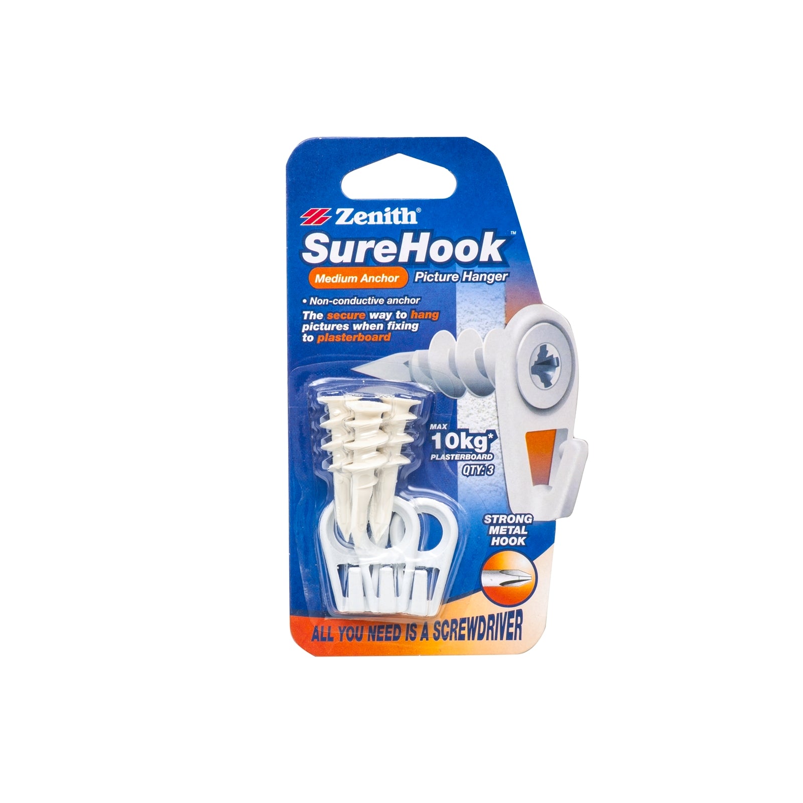 Zenith SureHook Plasterboard Insert Screw Picture Hanger 10kg White - 3 Pack
