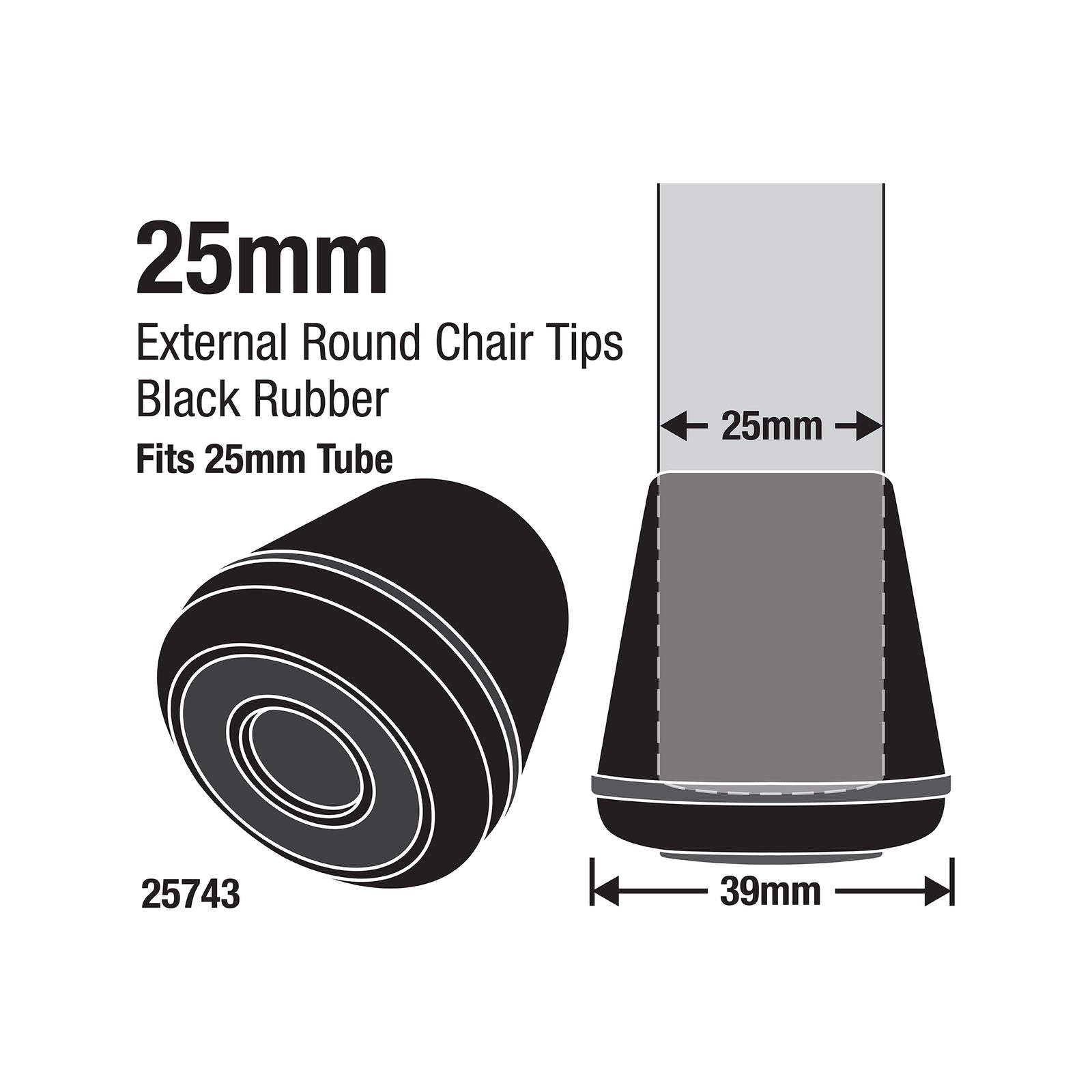 Surface Gard 25mm Black Round External Rubber Chair Tip - 4 Pack