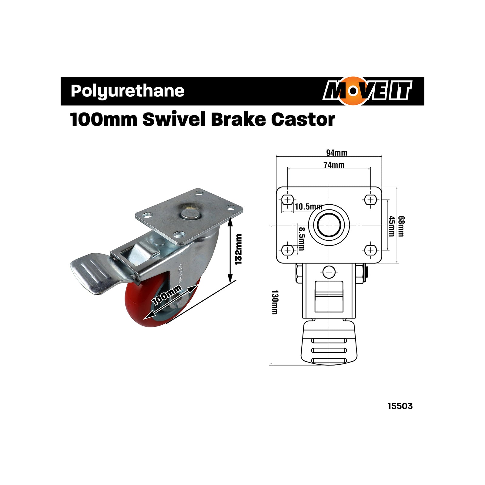 Move It 100mm Polyurethane Swivel Brake Castor 150kg Indoor Outdoor