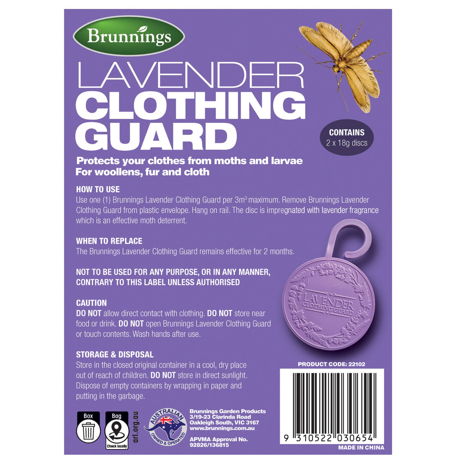 Brunnings Lavender Clothing Guard Moth Repellent Hanging Disk Indoor 2 Pack