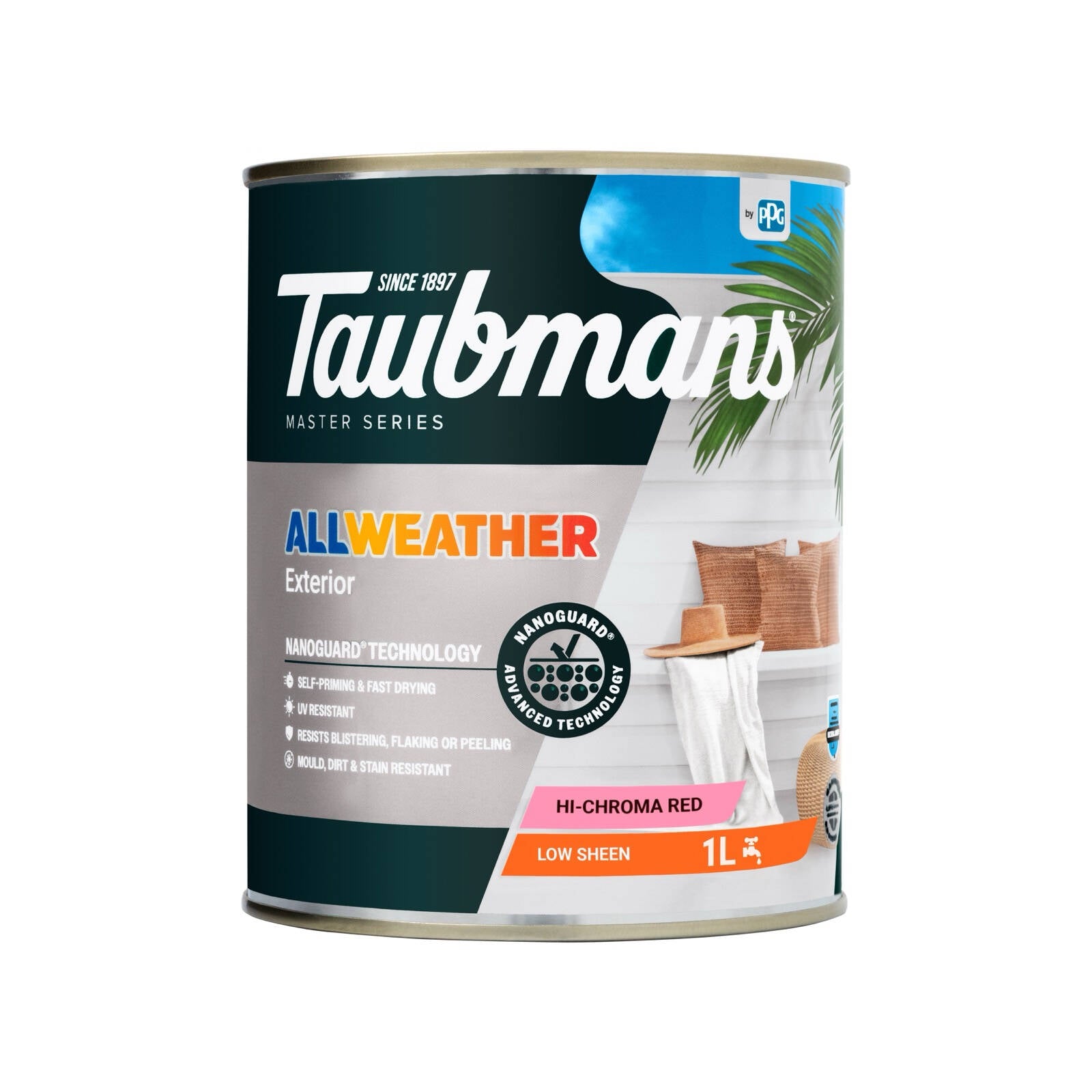 Taubmans 1L Hi-C Red Water Based Acrylic Low Sheen All Weather Exterior Paint UV and Waterproof