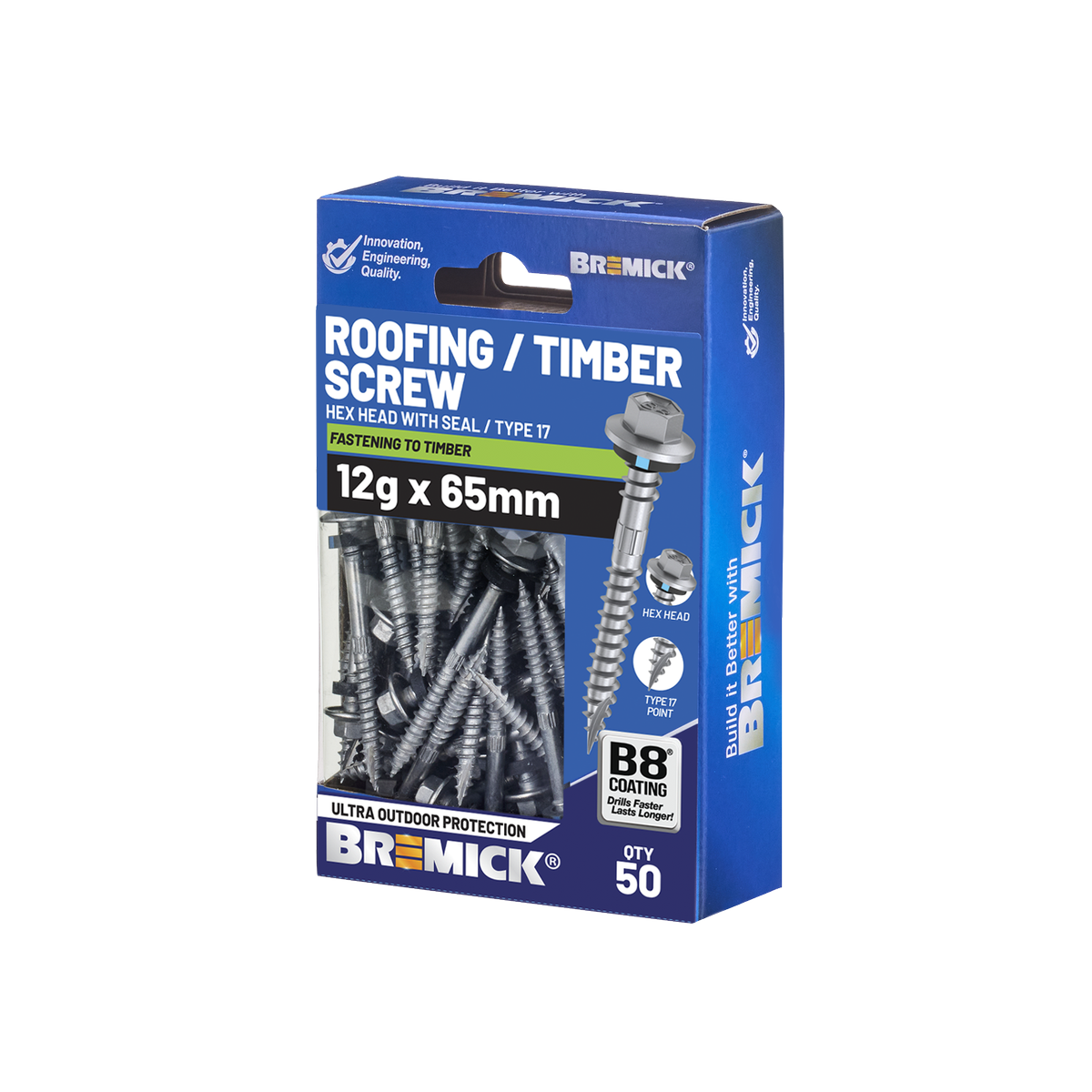 Bremick Hex Roofing Screw 12g x 65mm B8 - Pack of 50 - Watertight Seal - SuperSaverAU - view 1