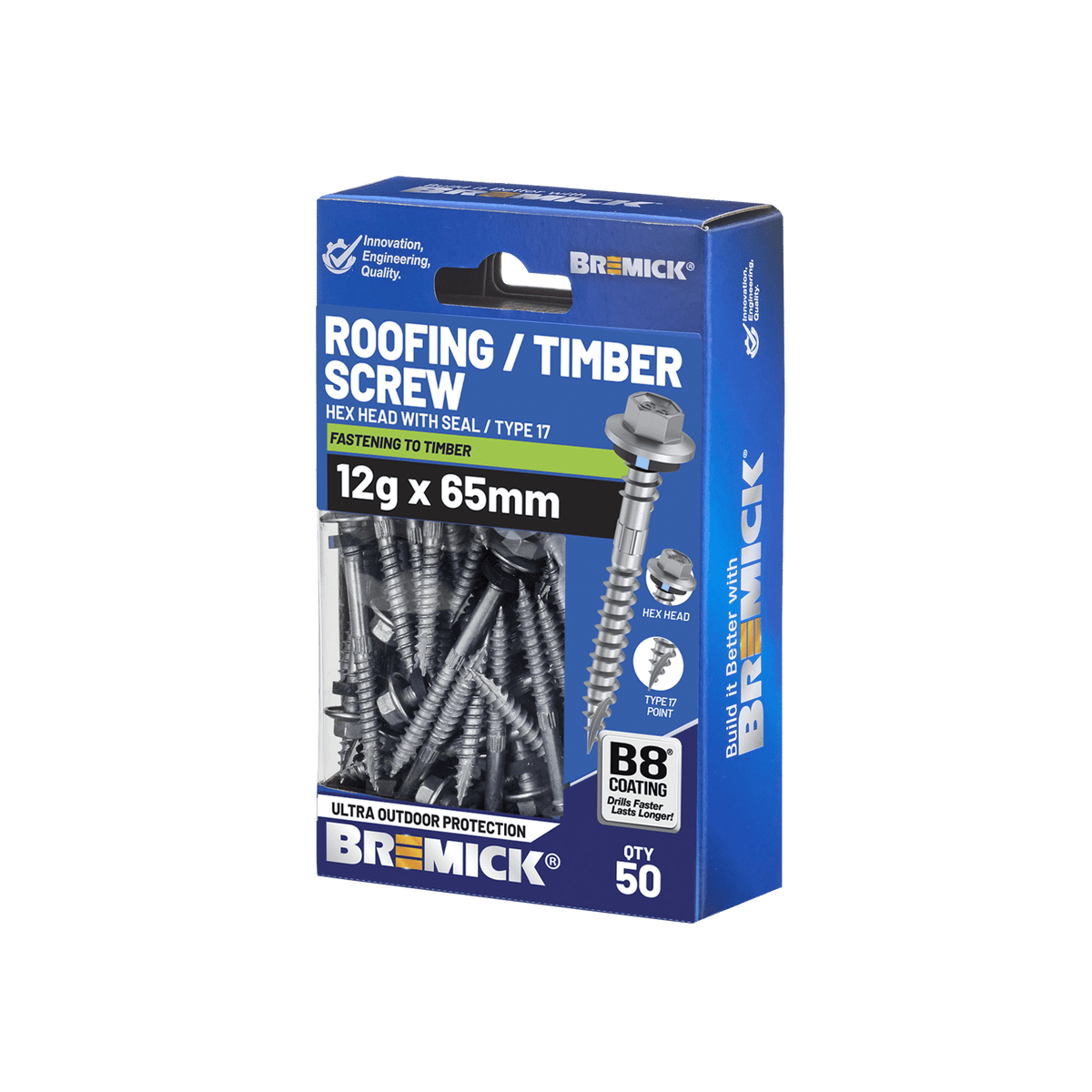 Bremick 12g x 65mm Hex Roofing Screw, Carbon Steel B8 Coating, Sealed Head Type 17 Point - 50 Pack