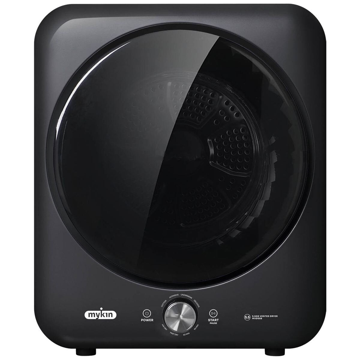 Mykin 5.5kg Vented Dryer - Sensor Drying, 8 Programs, Reverse Tumble, Wall Mountable, Black - MVD55B