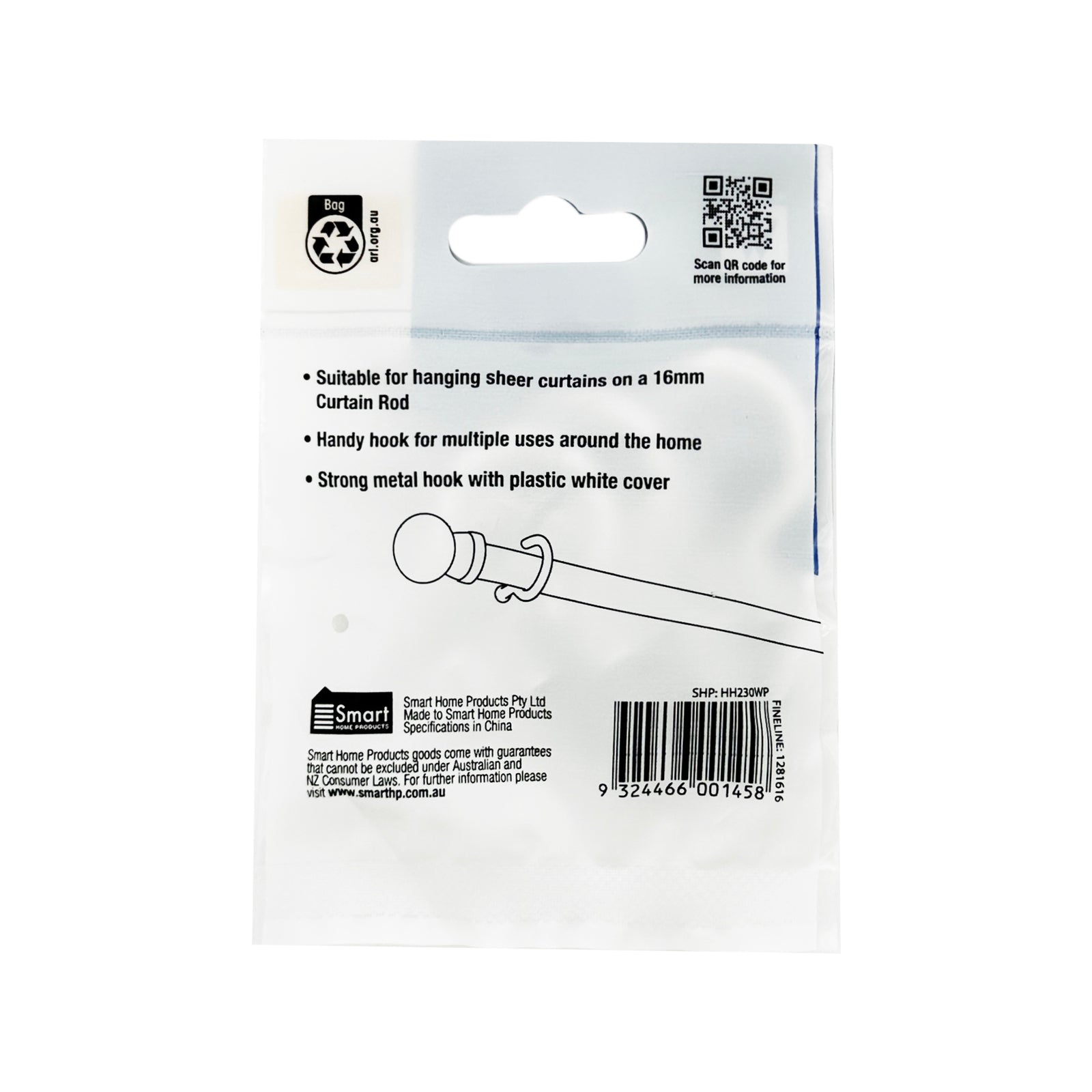 Windoware 16mm White Plastic Coated Metal Curtain Rod Cup Hooks - 5 Pack