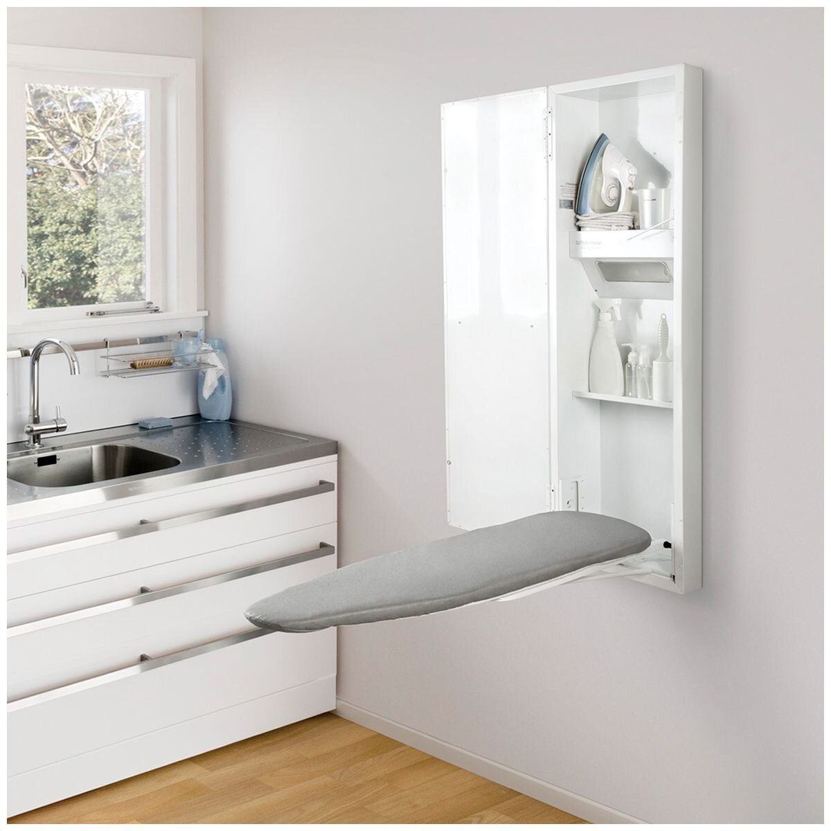 Robinhood Ironing Centre - Surface or Recess Mount, Height Adjustable Board, Built-in Light, White - IC1300WH