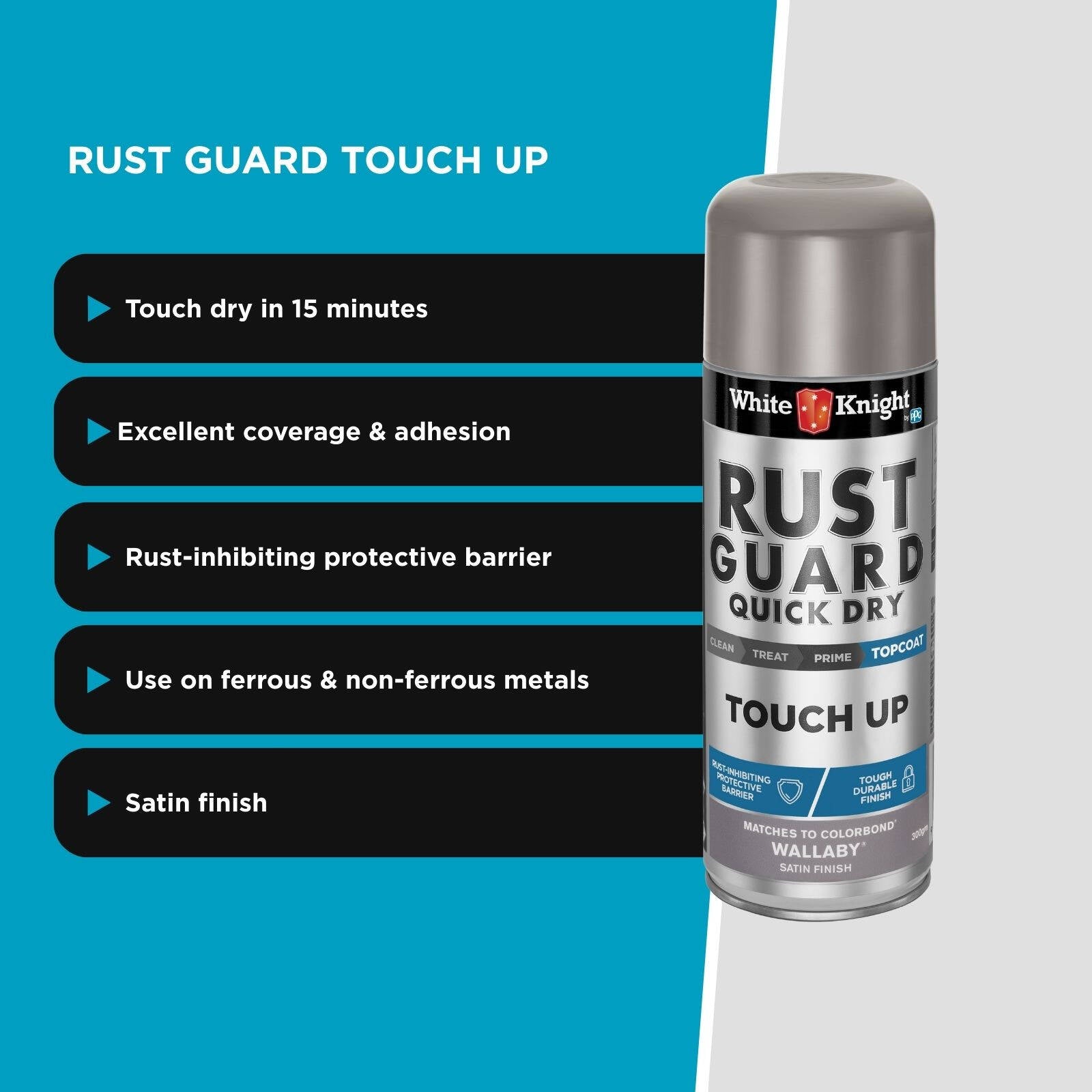 White Knight Rust Guard Touch Up Spray Paint Wallaby Satin 300g - For COLORBOND & Metal