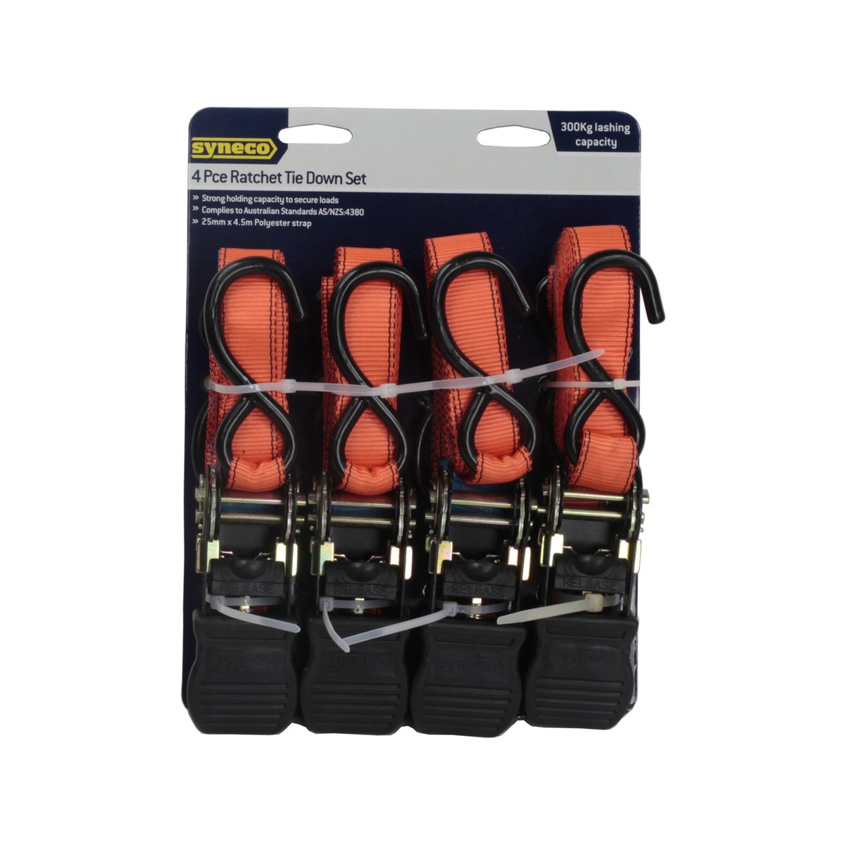 Syneco 25mm x 4.5m Ratchet Tie Down Set with S-Hooks, Polyester, 4 Pack (Green or Orange)