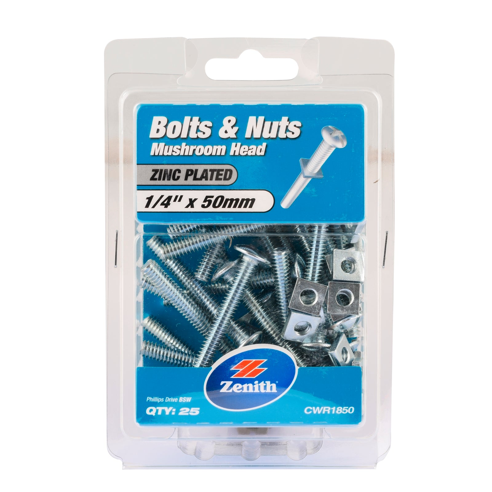Zenith 1/4" x 50mm Zinc Plated Mushroom Head Bolt and Nut - 25 Pack