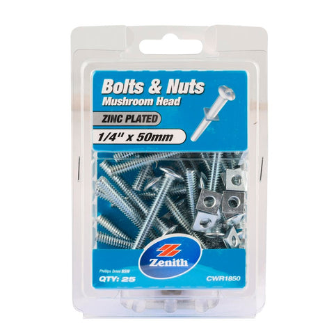 Zenith 1/4 x 50mm Zinc Plated Mushroom Head Bolt and Nut 25 Pack - Silver - SuperSaverAU - view 1